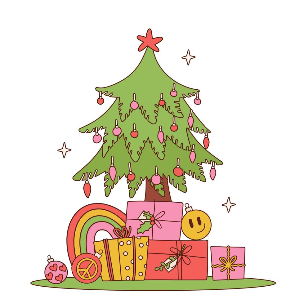 grooviger Hippie-Weihnachtsbaum mit Geschenkhaufen im trendigen Retro-Cartoon-Stil der 70er Jahre. Groovy frohe Weihnachten, frohes neues Jahr Grußkarte, Poster, Druck, Hippie-Party-Einladung. Vektor-Kontur-Illustration vektor