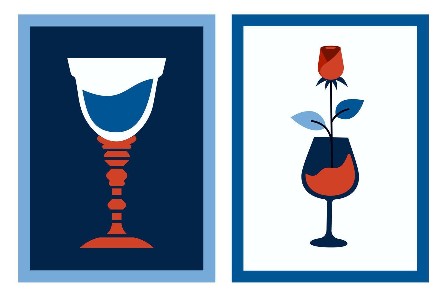 trendig elegant kort. skön reste sig och årgång glas av vin. mode modern affischer. vektor illustration för hjärtans dag, högtider, gåva, romantisk middag, fest, bröllop, dejting
