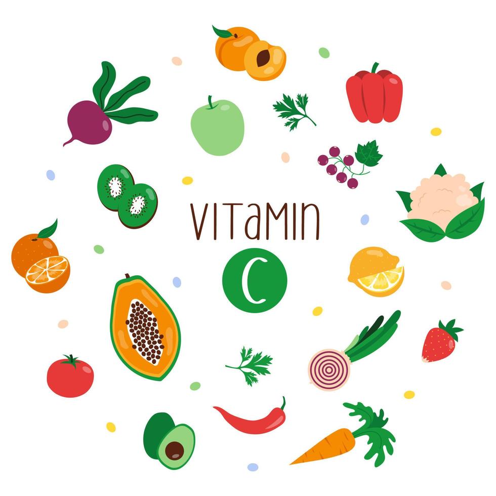 samling av vitamin c källor. frukt och grönsaker befäst med askorbisk syra. platt vektor illustration.
