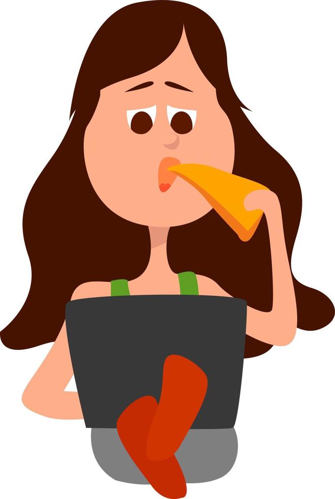 Mädchen isst Pizza, Illustration, Vektor auf weißem Hintergrund