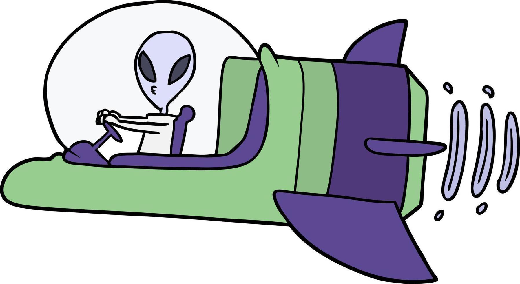 niedlicher alien der karikatur mit raumfahrzeug vektor