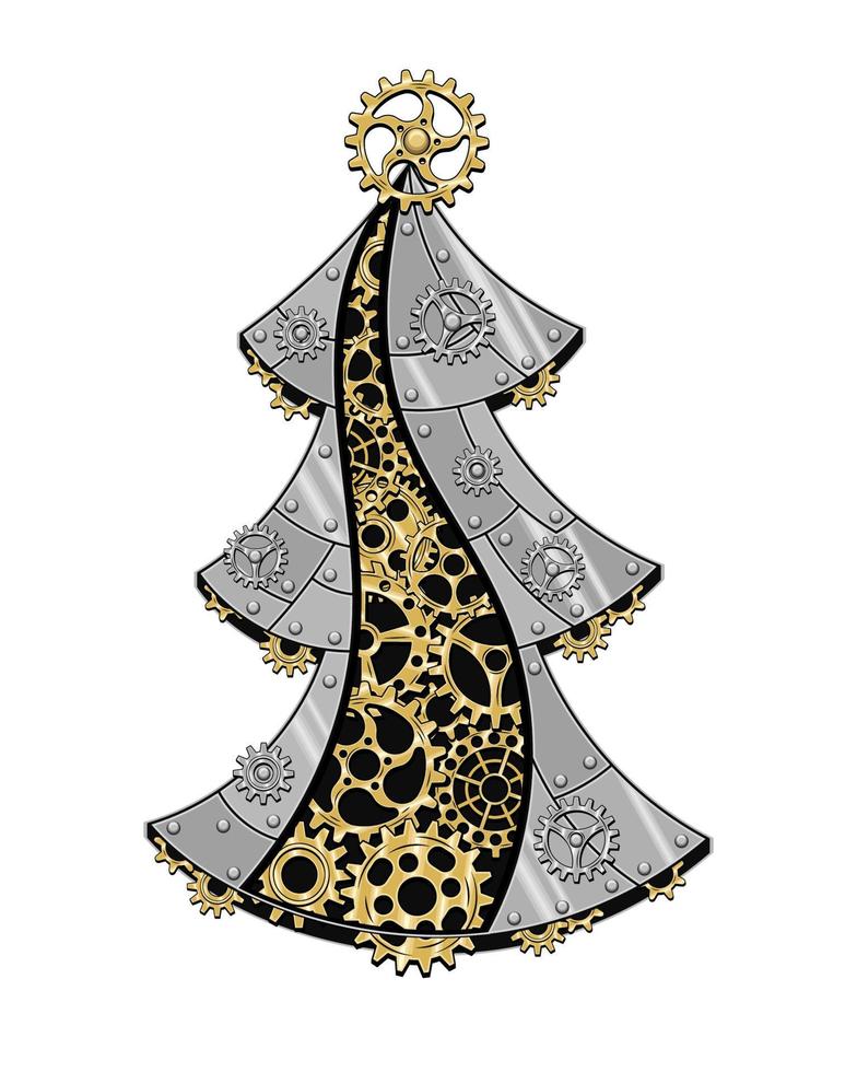 jul träd tillverkad av skinande silver- metall tallrikar, växlar, kugghjul, nitar i steampunk stil. vektor illustration.