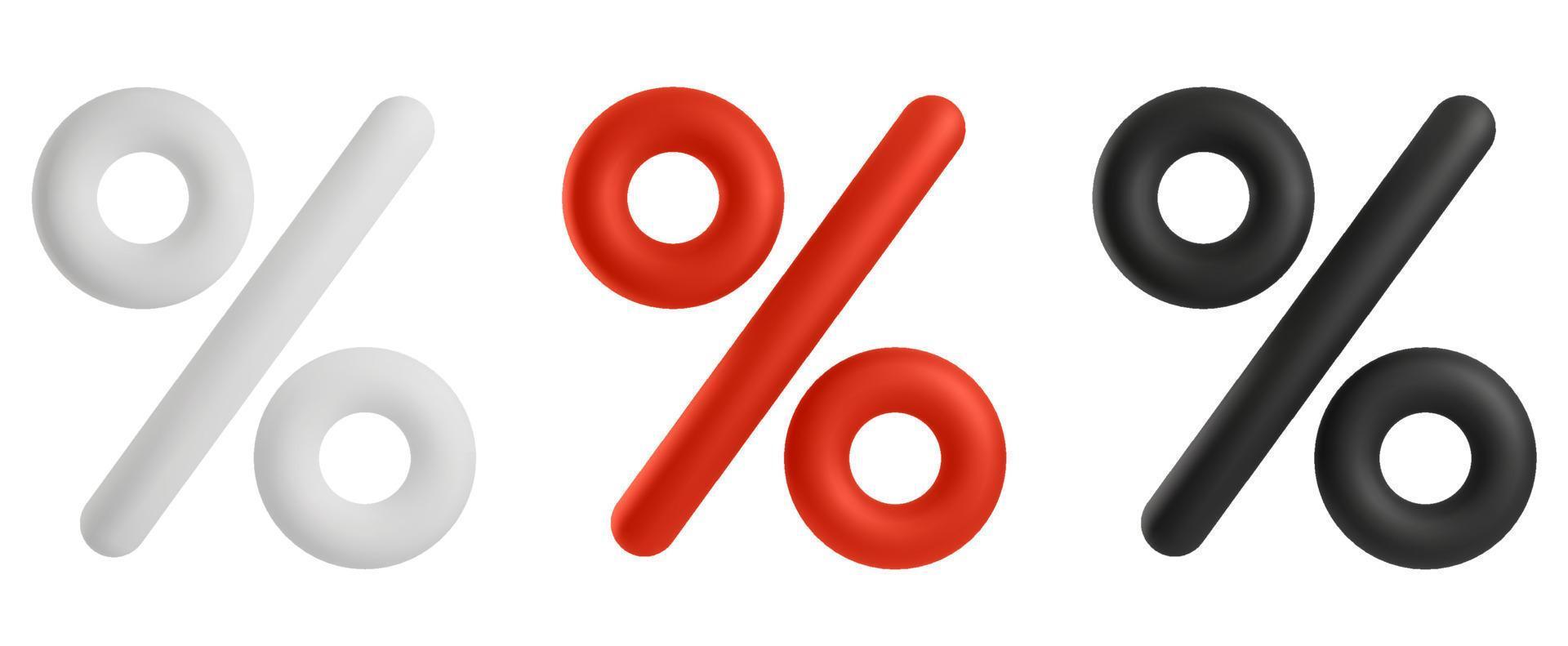 3d ikoner av de procentsats tecken är röd, vit och svart på ett isolerat bakgrund. realistisk symbol för försäljning och rabatter vektor