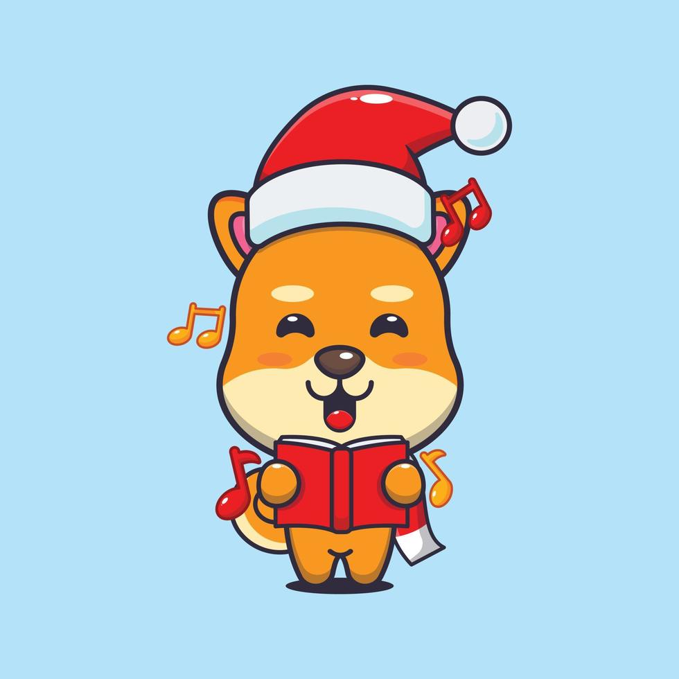 süßer shiba inu hund singt ein weihnachtslied. nette weihnachtskarikaturillustration. vektor