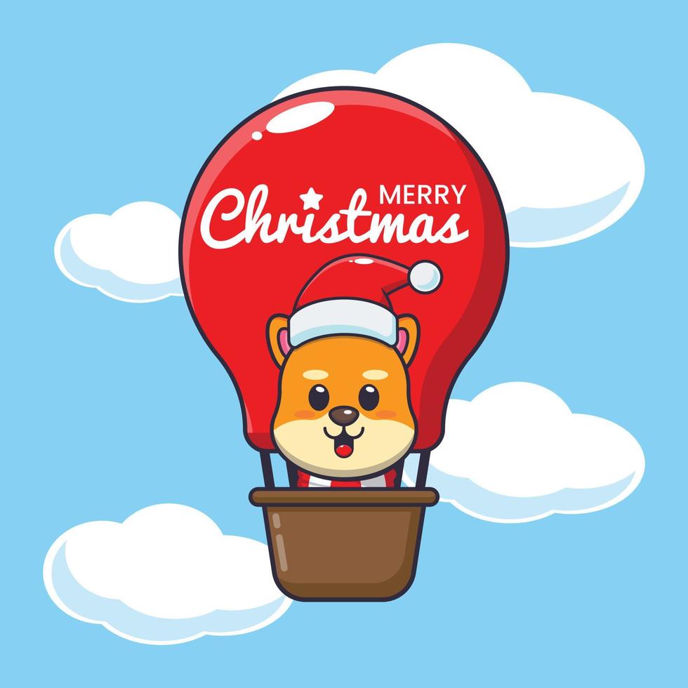 süße shiba inu hundefliege mit luftballon. nette weihnachtskarikaturillustration. vektor