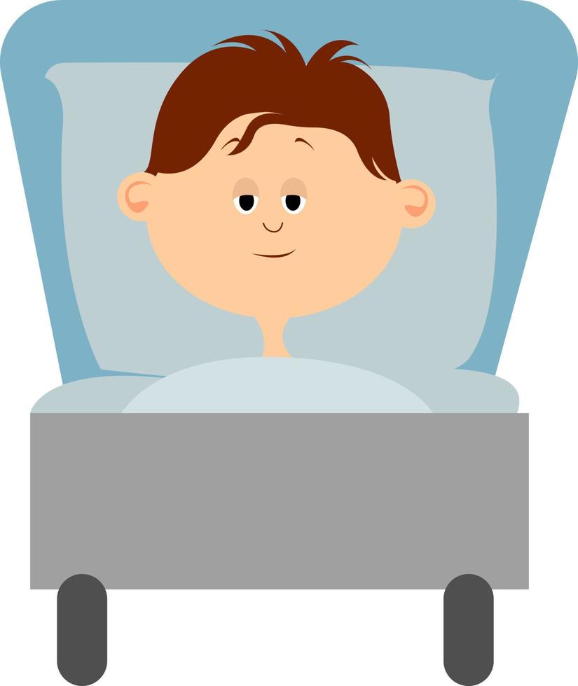 Junge im Krankenhausbett, Illustration, Vektor auf weißem Hintergrund.