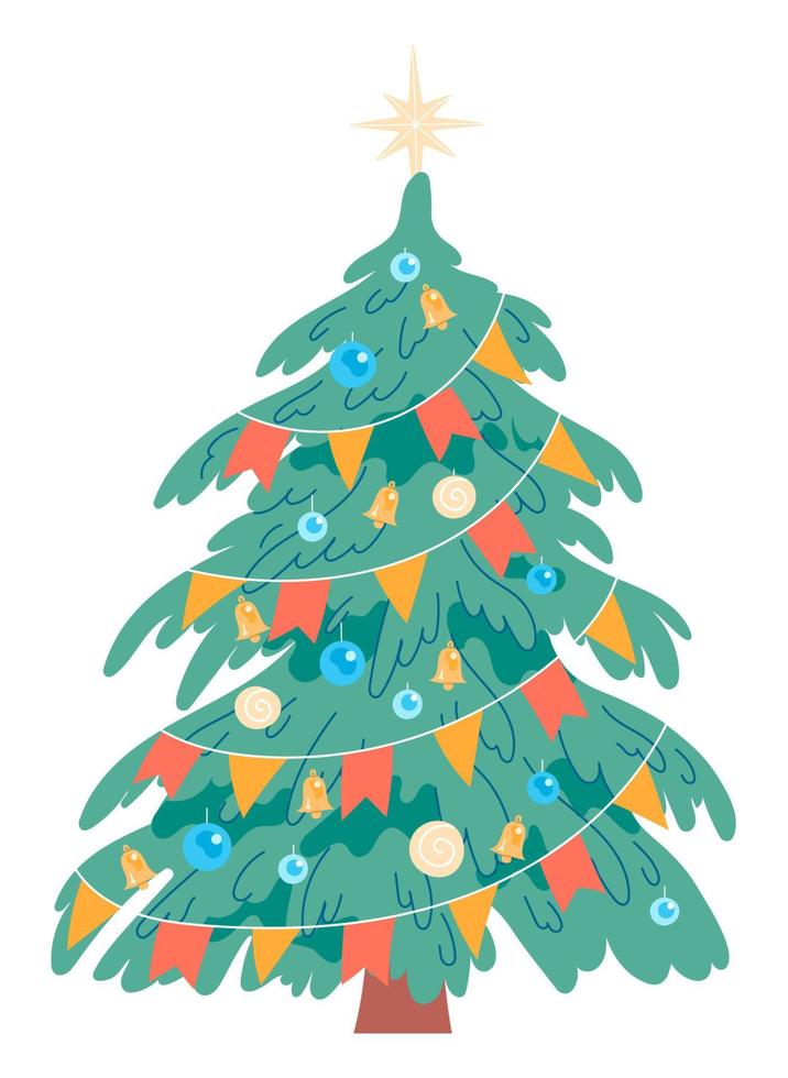 geschmückter Weihnachtsbaum. Vektor, isoliert auf weißem Hintergrund vektor