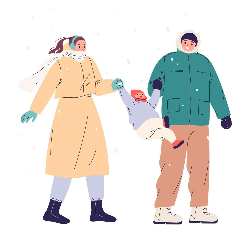 junge Familie mit Kind, die im Winter im Freien spazieren geht vektor