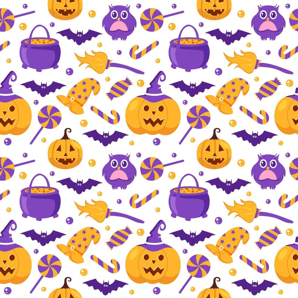 halloween sömlös mönster design med häxa, besatt hus, pumpor eller fladdermöss i mall hand dragen tecknad serie platt illustration vektor