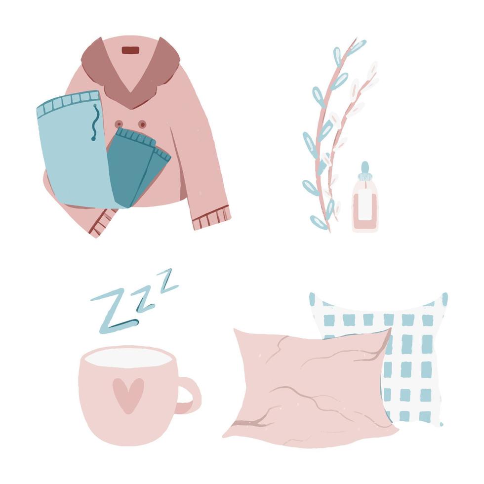 Set von Artikeln für besseren Schlaf. Pyjama, Tee, Kissen, Öl. entspannung, schlafkonzepte vektor