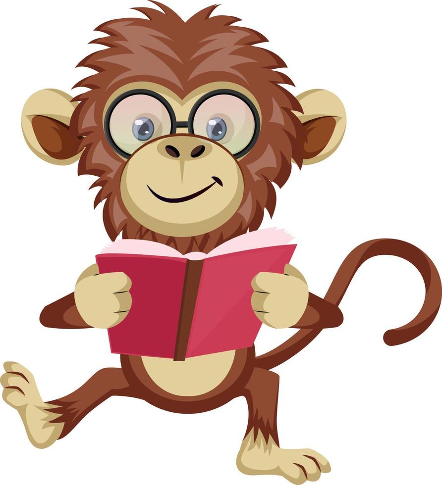 Affe liest Buch, Illustration, Vektor auf weißem Hintergrund.