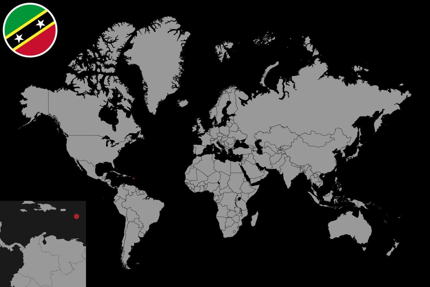 nålkarta med saint kitts och nevis flagga på världskartan. vektor illustration.