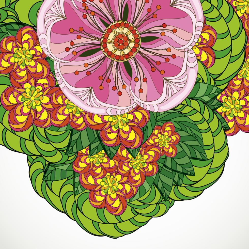 Vektor-Illustration Grußkarte Schönheit und Mode. Hintergrund mit Blumen und Blättern. zentangl, kritzeln. Malbücher für Erwachsene. vektor