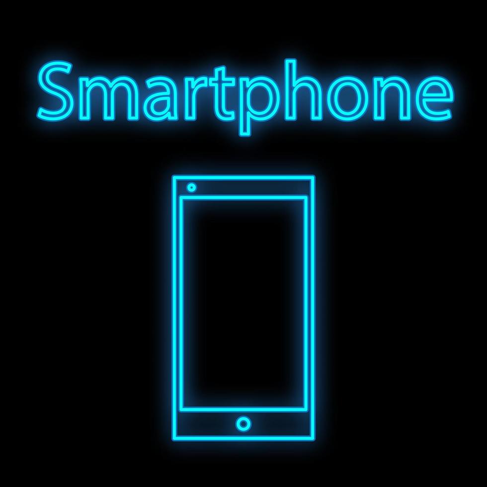 ljus lysande blå digital neon tecken för marazin eller verkstad service Centrum är skön skinande med en modern mobil telefon smartphone på en svart bakgrund. vektor illustration