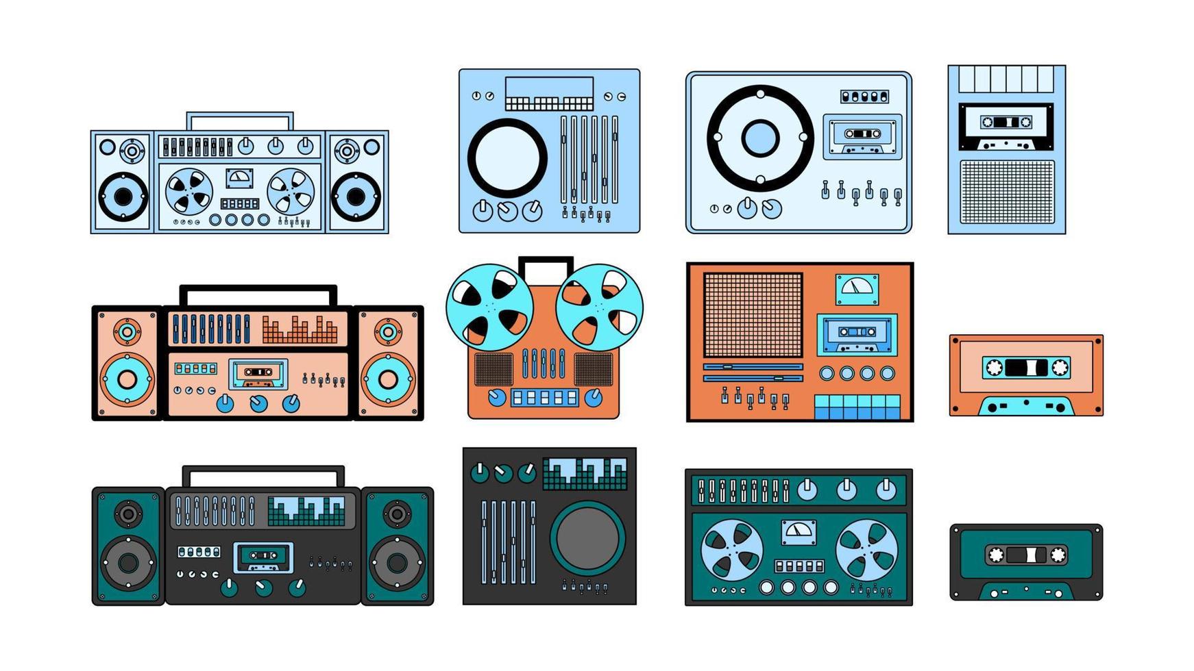 uppsättning av bleautiful gammal retro årgång hipster musikalisk elektronik Utrustning audio kassett inspelare med magnetisk tejp, dj trösta från 70-talet, 80-tal, 90-tal. vektor illustration