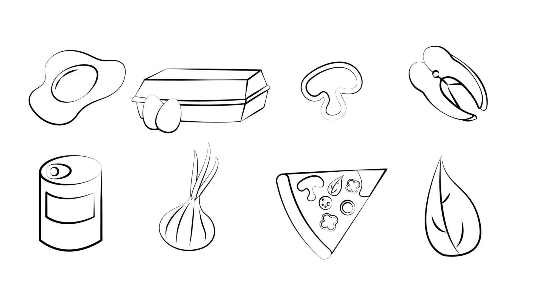 svart och vit uppsättning av åtta ikoner av utsökt mat och snacks objekt för en restaurang bar Kafé på en vit bakgrund ägg, svamp, fisk, konserverad mat, lök, pizza, grönt vektor
