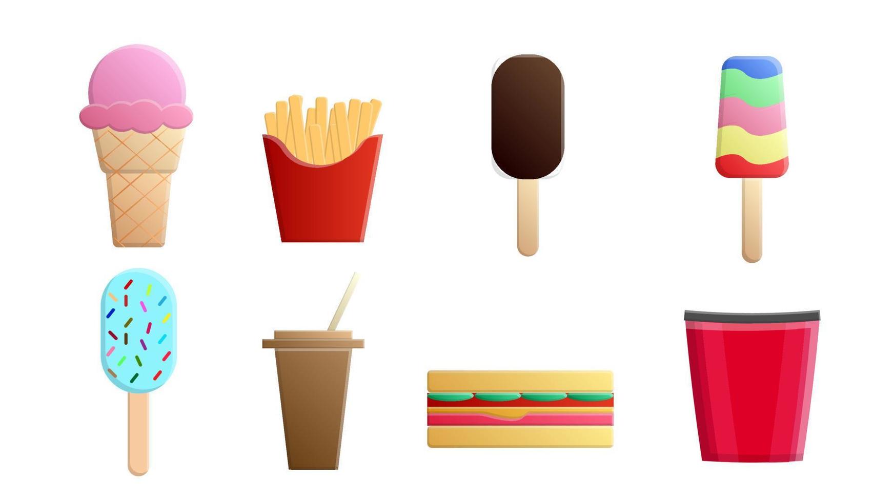 uppsättning av åtta ikoner av objekt av utsökt mat och snacks för en Kafé bar restaurang på en vit bakgrund pommes frites, smörgås, is grädde, kaffe, popcorn vektor