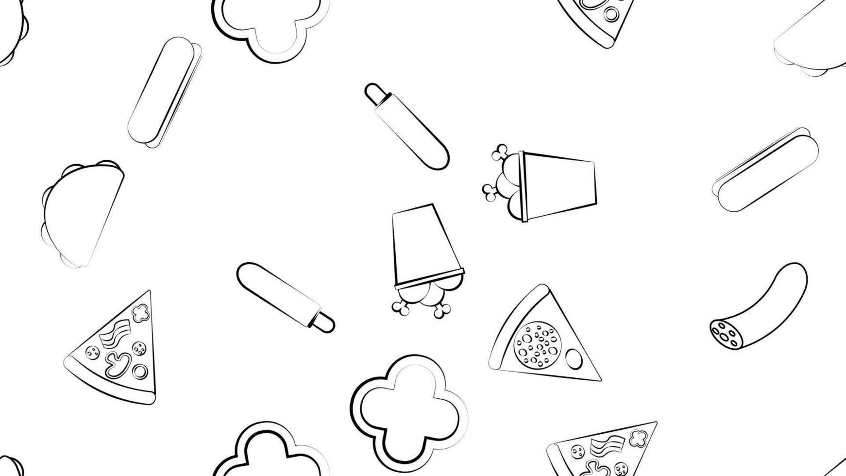 schwarz-weißes endloses nahtloses muster von lebensmittel- und snackartikeln, die für restaurantbar-café-pizza, hotdog, burrito, wurst, hähnchen gesetzt werden. der Hintergrund vektor
