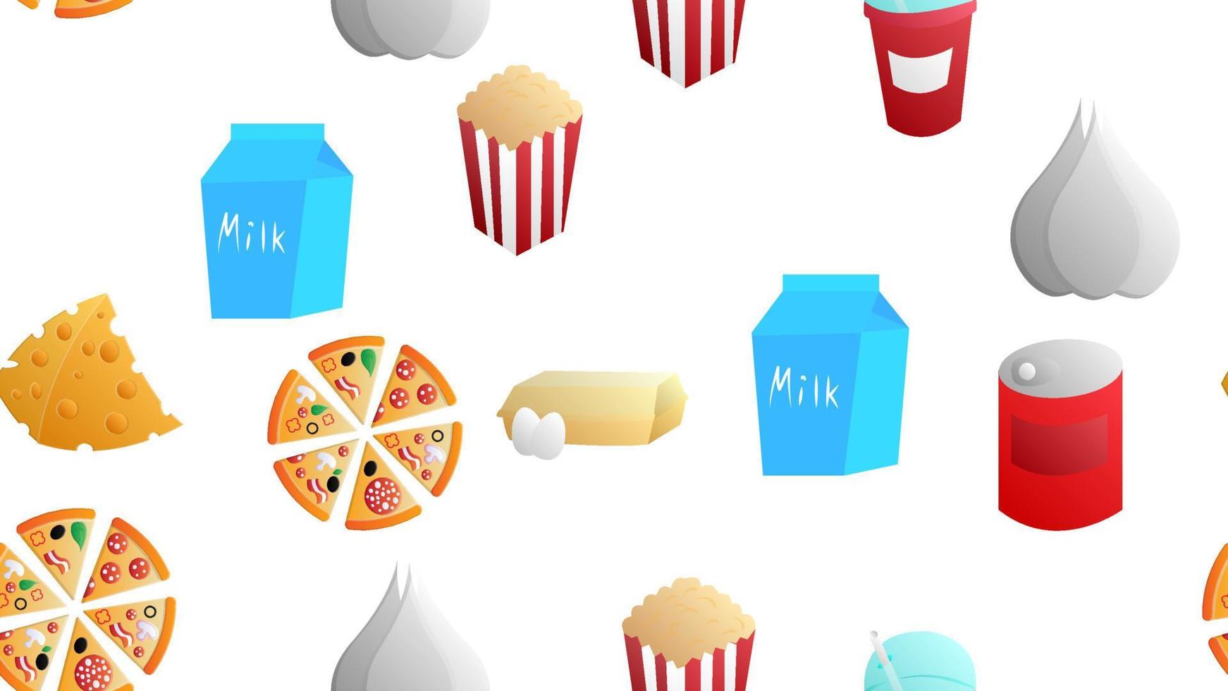 ändlös vit sömlös mönster från en uppsättning av ikoner av utsökt mat och snacks objekt för en restaurang bar Kafé mjölk, pizza, popcorn, cocktail, vitlök, ost, ägg, konserverad mat vektor