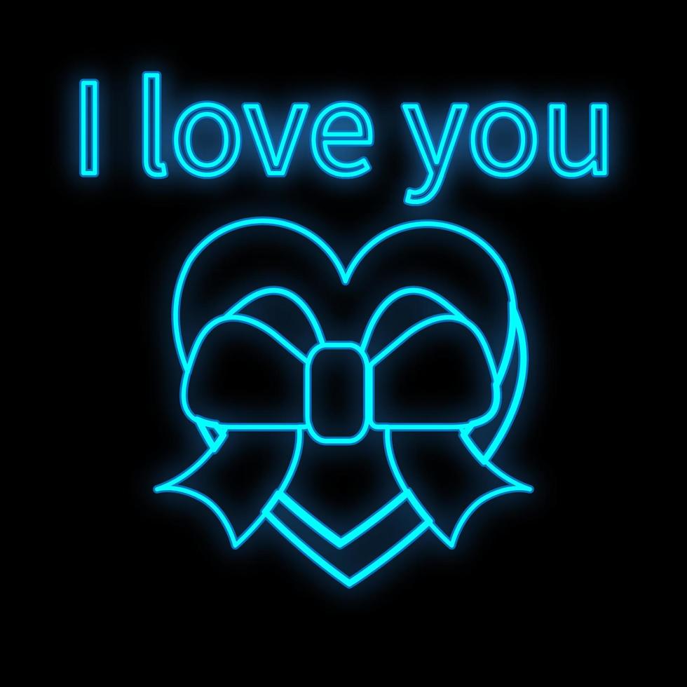 ljus lysande blå festlig digital neon tecken för en Lagra eller vykort skön skinande med en kärlek hjärtformade gåva låda på en svart bakgrund och de inskrift jag kärlek du. vektor illustration