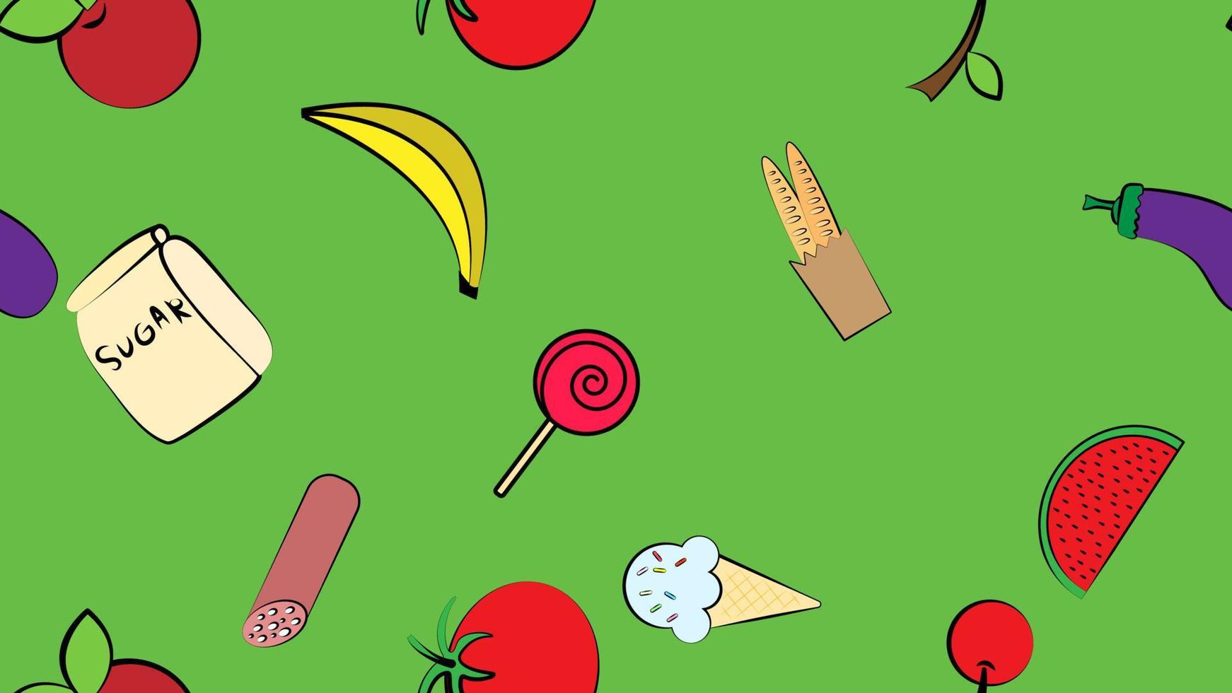 endloses grünes nahtloses muster von köstlichen lebensmitteln und snackartikeln symbole für restaurant bar café garnelen, fisch, auberginen, tomaten, wurst, banane, eis, wassermelone, kiwi. der Hintergrund vektor