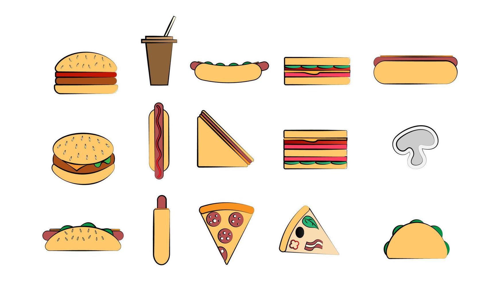 uppsättning av 15 ikoner av objekt av utsökt mat och snacks för en Kafé bar restaurang på en vit bakgrund hamburgare, varm hund, smörgås, pizza, burrito, dryck vektor