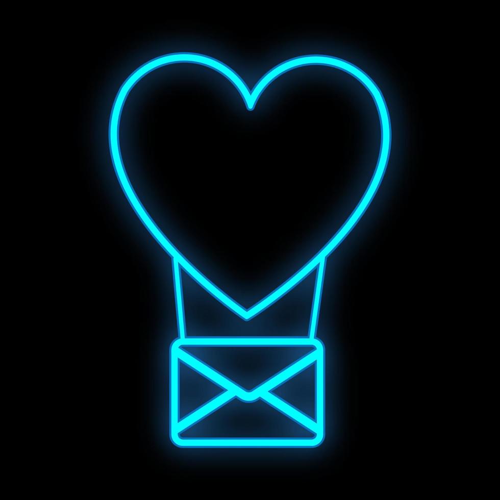 ljus lysande blå festlig digital neon tecken för en affär eller verkstad service Centrum skön skinande med en kärlek kuvert i en hjärtformade ballong på en svart bakgrund. vektor illustration