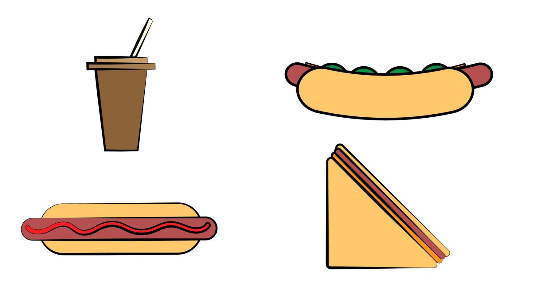 snabb mat maträtter, dryck och efterrätt uppsättning, croissant, is grädde, hamburgare, smörgås, soda dryck, varm hund vektor illustration
