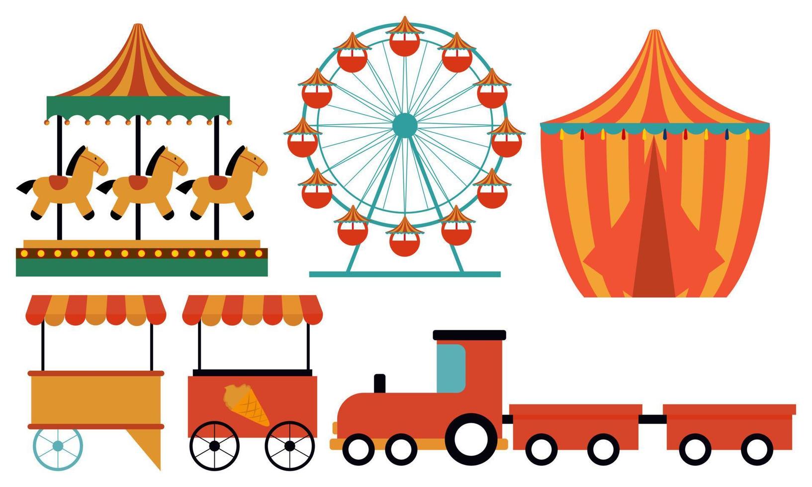 Attraktionen im Vergnügungspark. Faschings-Kinderkarussell, Riesenrad-Attraktion und lustiger Rummelplatz e vektor