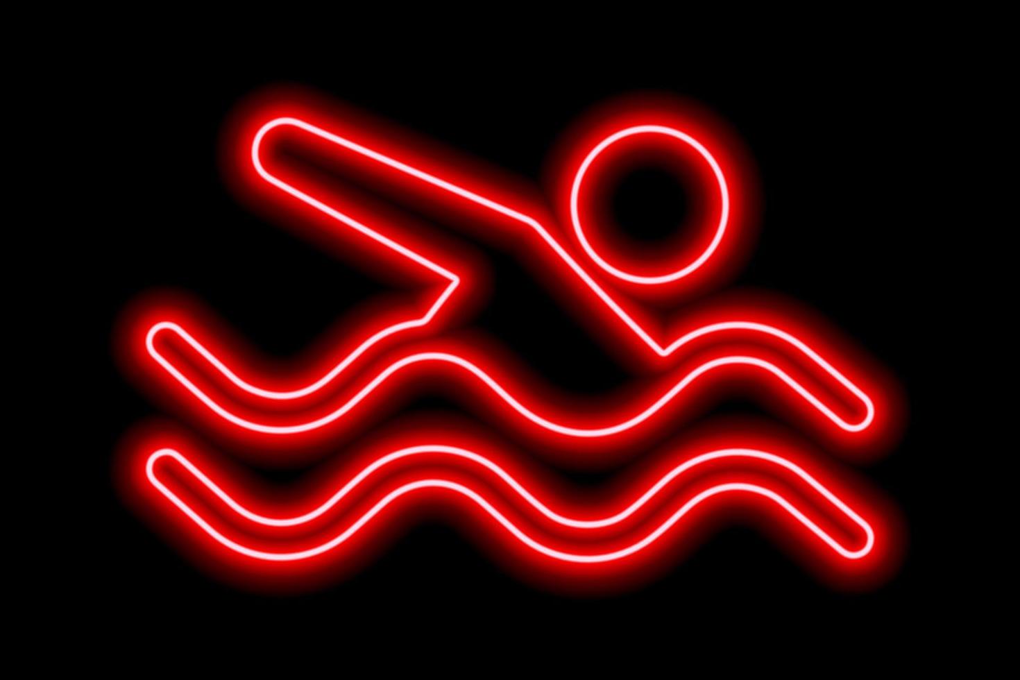 Neonrote Silhouette des Freestyle-Schwimmers mit Wellen auf schwarzem Hintergrund vektor