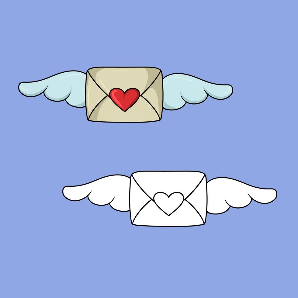 en uppsättning av bilder, en skön romantisk stängd kuvert med vingar och hjärtan i tecknad serie stil, en deklaration av kärlek, vektor illustration