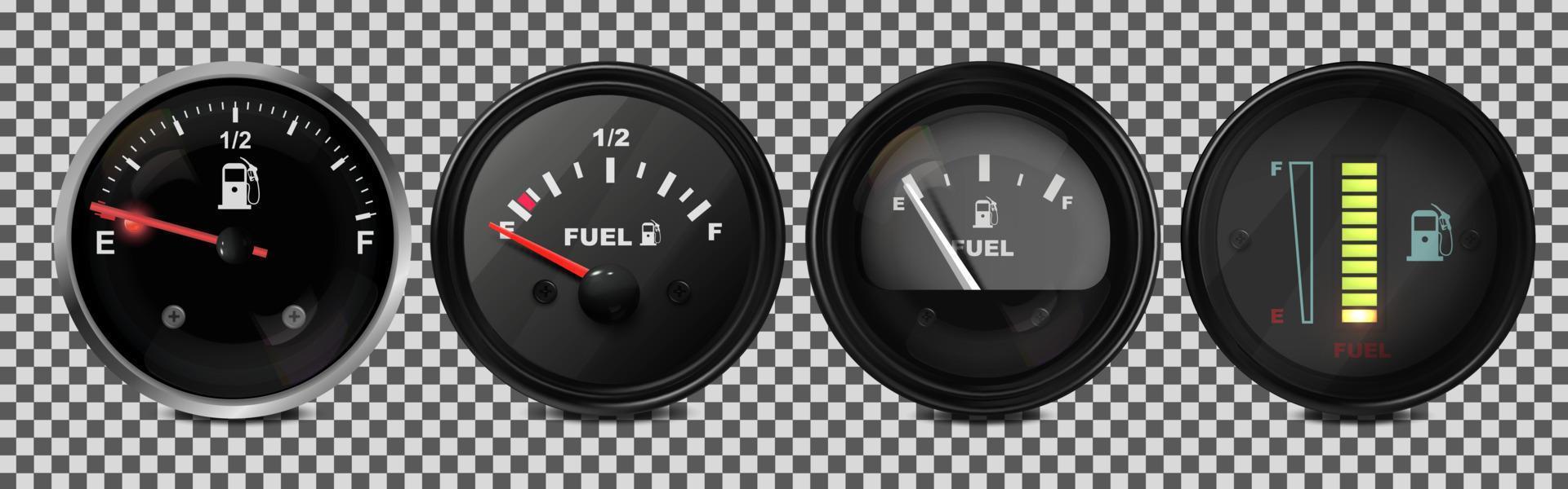 Vektor realistisch, 3D-Satz von Kraftstoffstandsanzeigen in einem Auto. Abbildung auf einem transparenten Hintergrund.