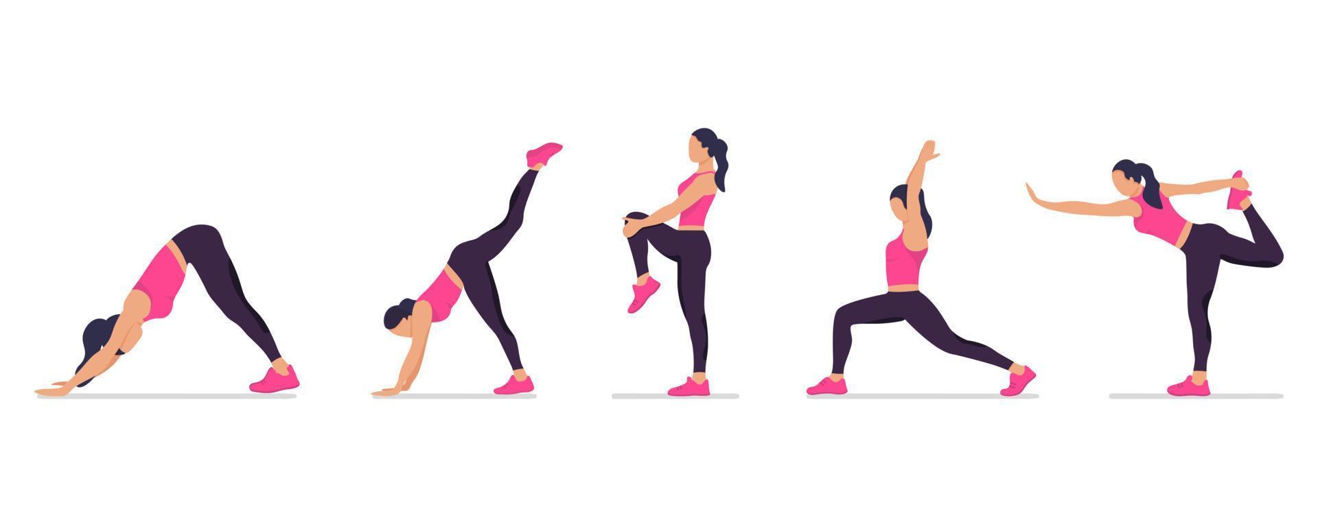 uppsättning av poser ansiktslös kvinna yoga och stretching, samling av kvinna tecknad serie yoga positioner isolerat på vit bakgrund, full kropp yoga träna vektor