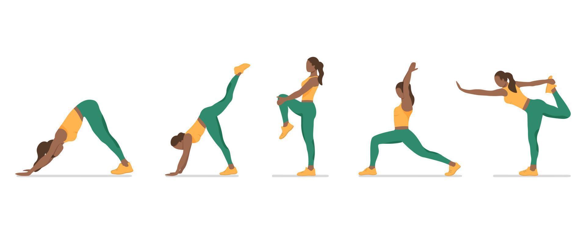 uppsättning av poser ansiktslös, svart, mörkhyad kvinna yoga och stretching, samling av kvinna tecknad serie yoga positioner isolerat på vit bakgrund, full kropp yoga träna vektor