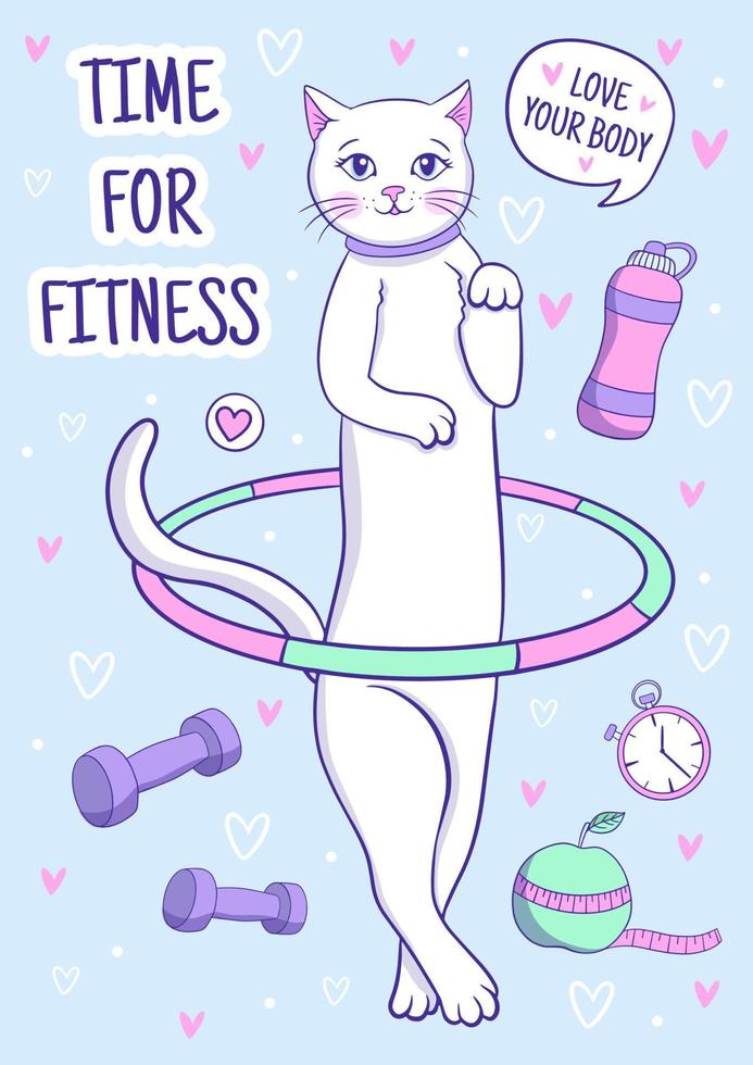 süße weiße katze dreht hula hoop, fitnesskarte, sportmotivation vektor