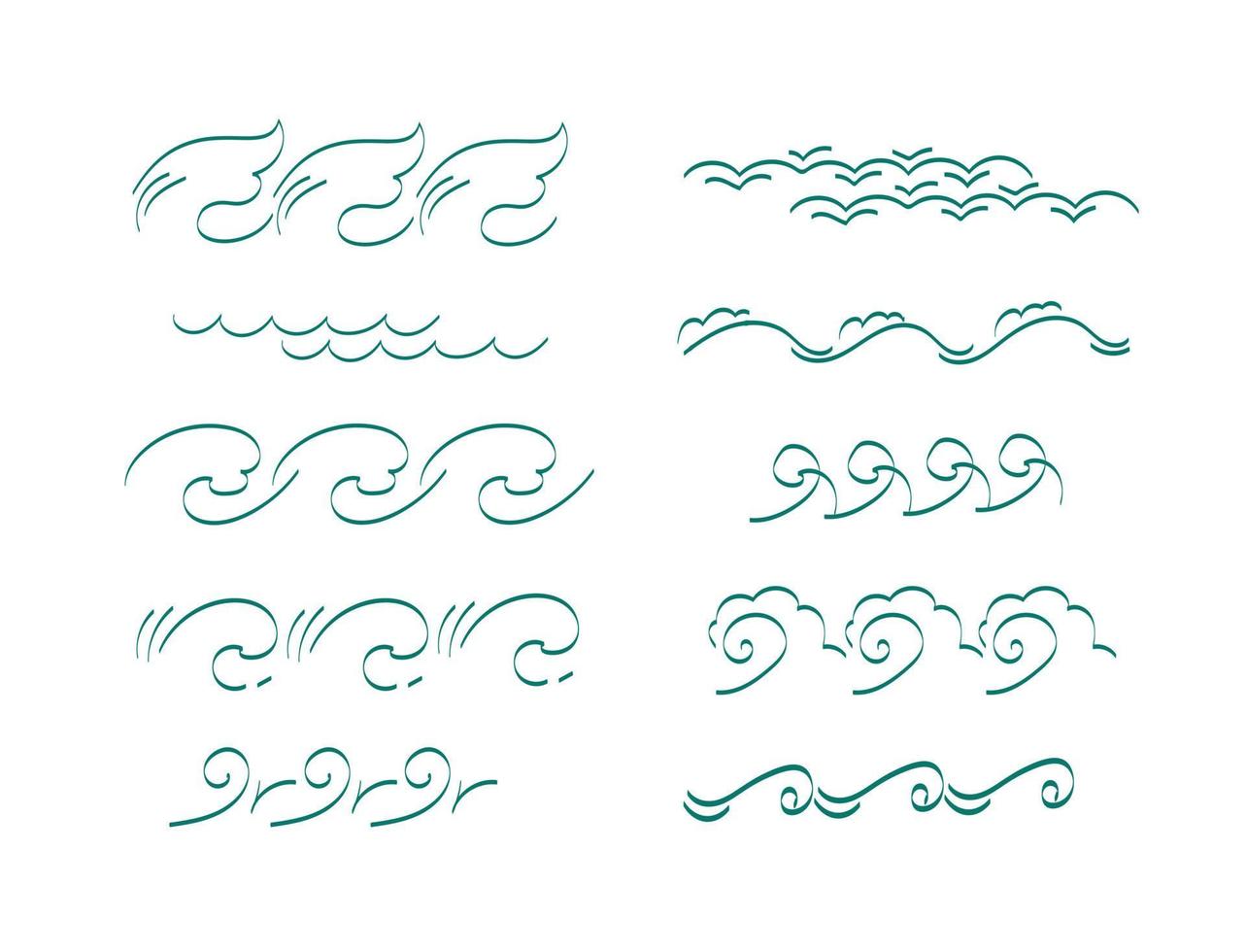 Wellenmeer, Aqua Flow Line Doodle Set. vektor hand gezeichnete skizze gekritzel umriss illustration