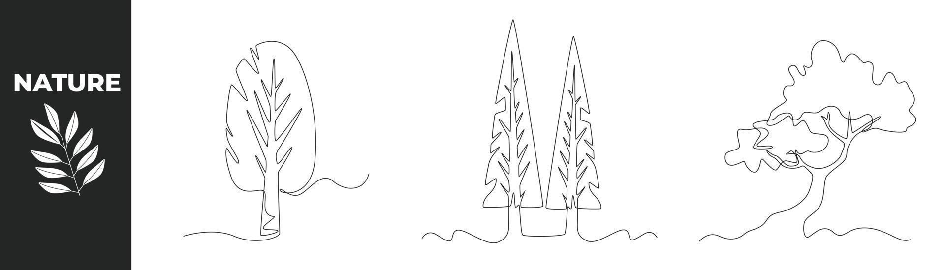 enda ett linje teckning natur uppsättning begrepp. blad och frodig träd. kontinuerlig linje dra design grafisk vektor illustration.