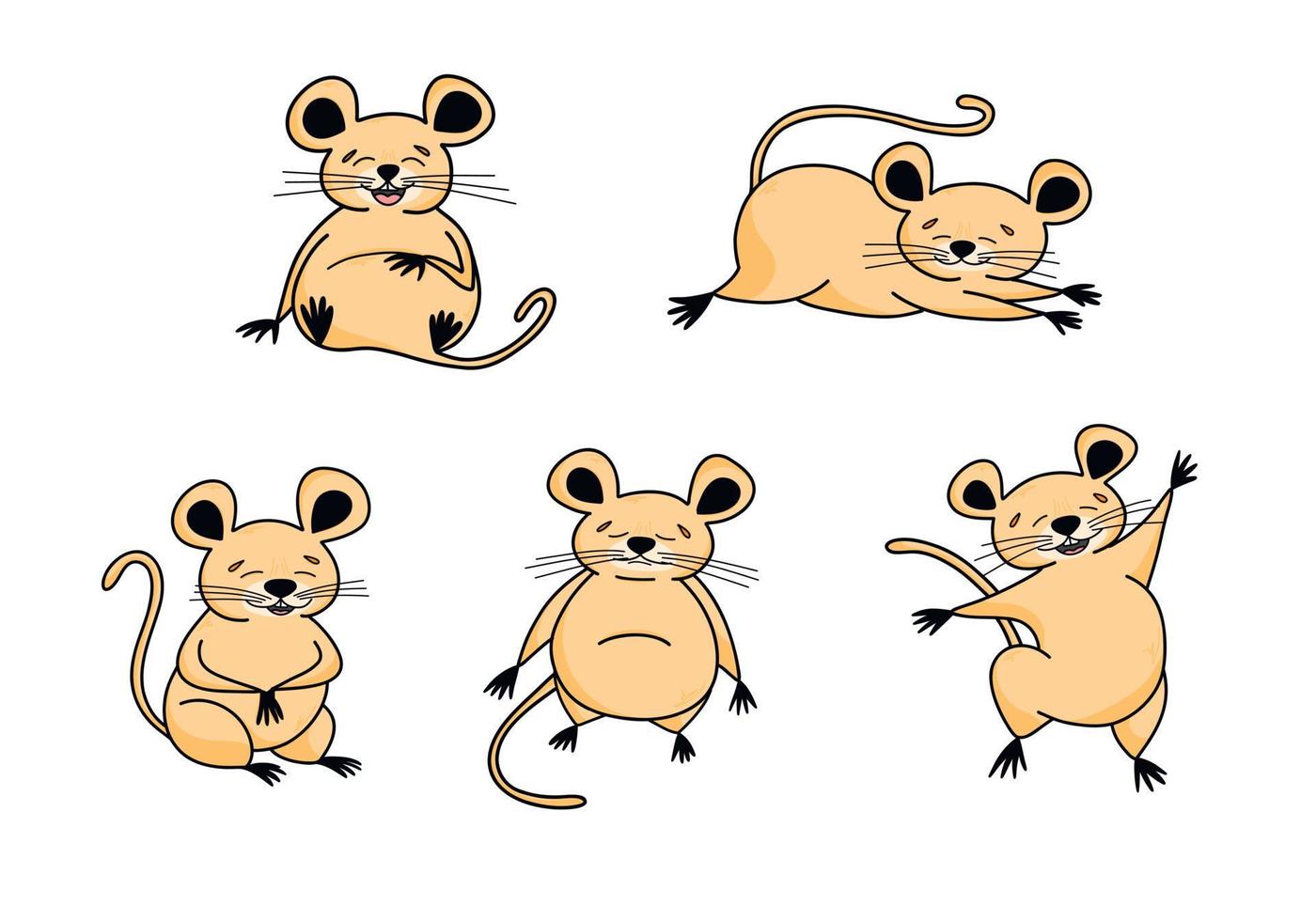 en samling av söt mus tecken i tecknad serie stil. klotter med djur- klistermärken. vektor barns illustration av ritad för hand tecknad serie design för vykort, affischer, t-shirts, tonåringar.