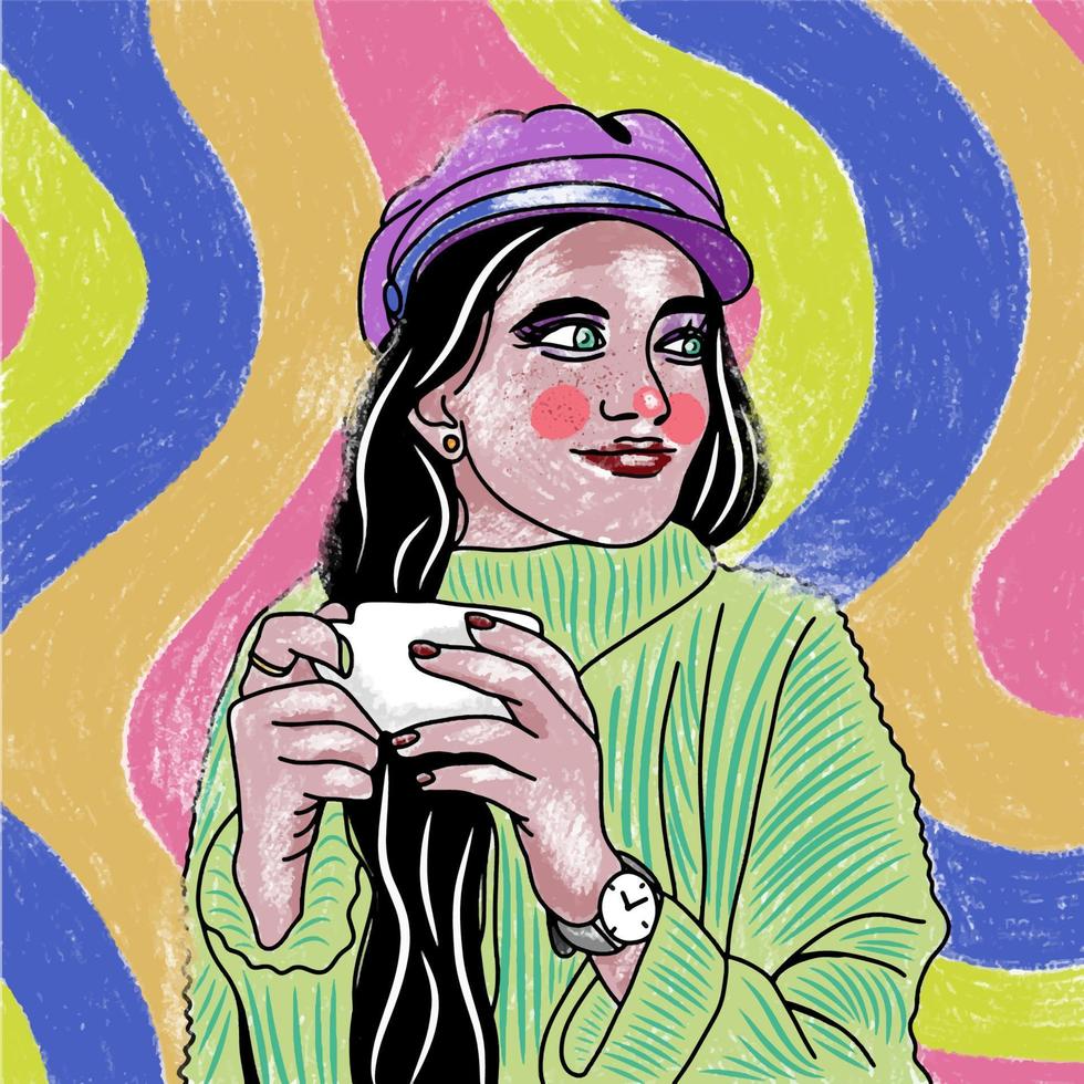 Mädchen in einem warmen Pullover mit einer Tasse Kaffee, Illustration mit hellem geometrischem Hintergrund vektor