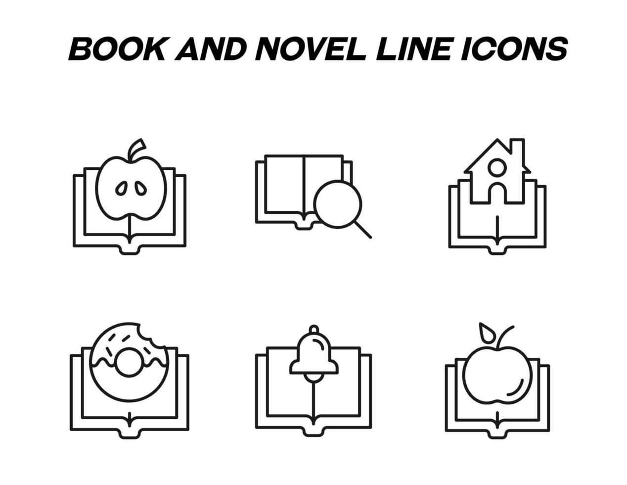 svartvit tecken i platt stil för butiker, butiker, webb webbplatser. redigerbar stroke. vektor linje ikon uppsättning med symboler av äpple, förstorande glas, hus, munk, klocka, äpple över bok