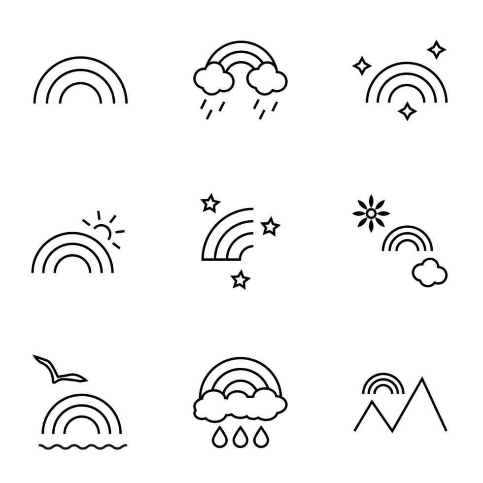 satz moderner umrisssymbole für internetshops, geschäfte, banner, anzeigen. Vektor isolierte Liniensymbole von Sonne, Sternen, Wolken, Vogel neben Regenbogen