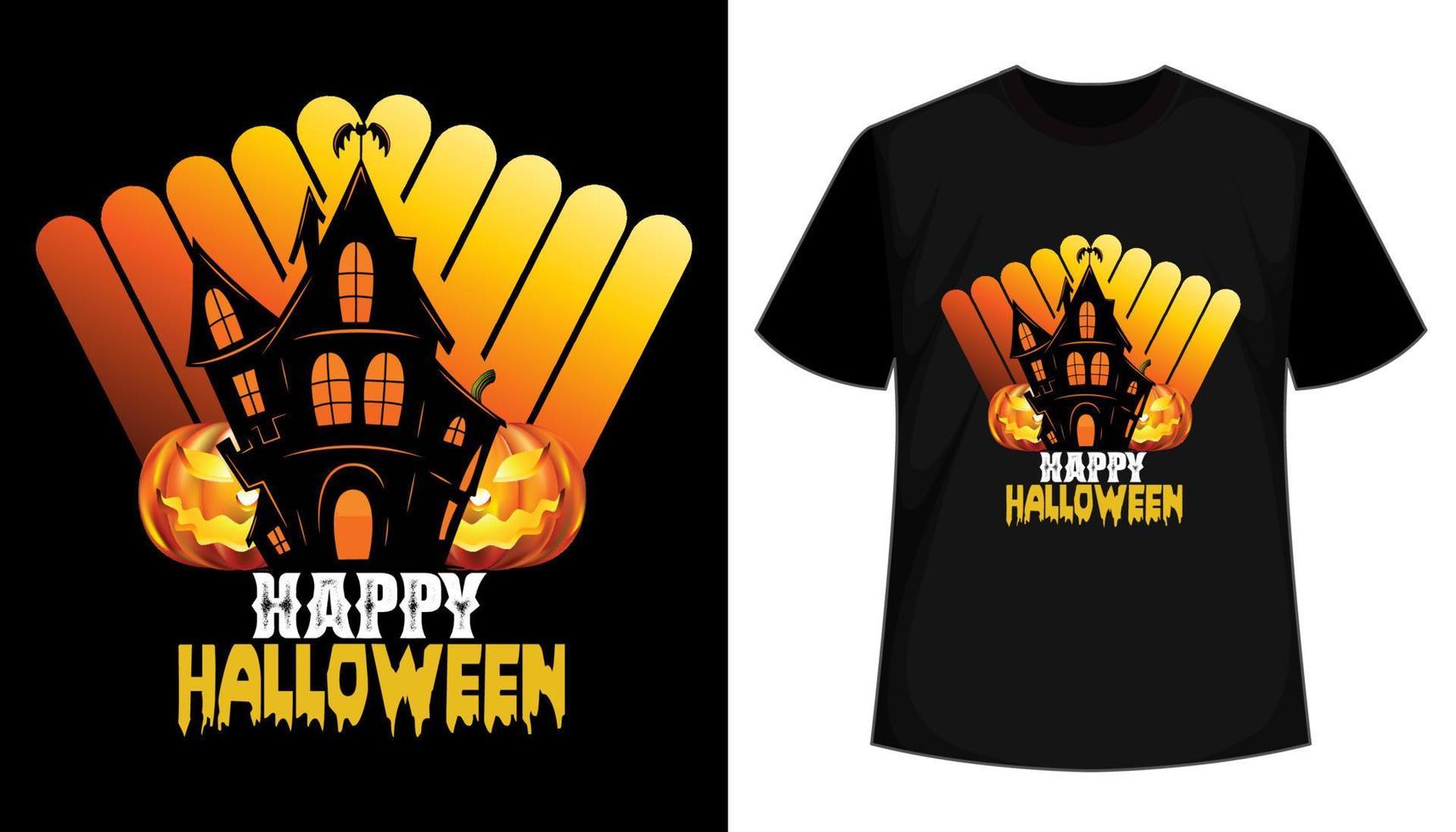 glückliches halloween-weinlese-t-shirt-design mit dunklem haus und kürbis vektor