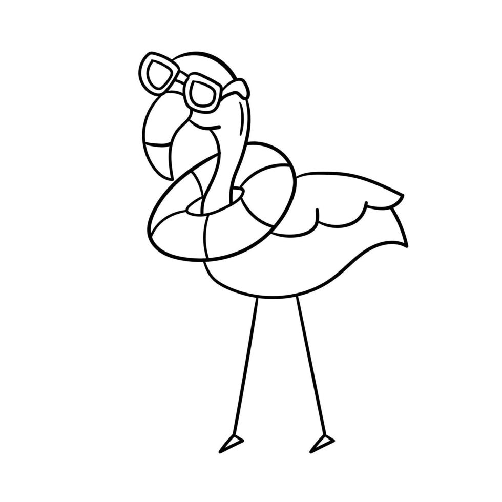 einfacher Flamingo, Umrissvektor. Zeichentrickflamingo mit Sonnenbrille und Rettungsring um den Hals. Malbuch vektor
