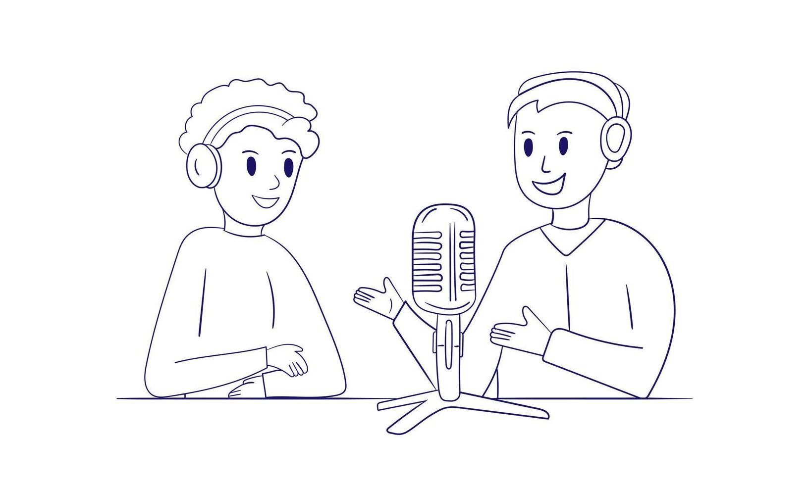 två Pojkar spela in en podcast, uppkopplad radio show. människor med hörlurar är talande in i en mikrofon. översikt, färg bok på vit vektor