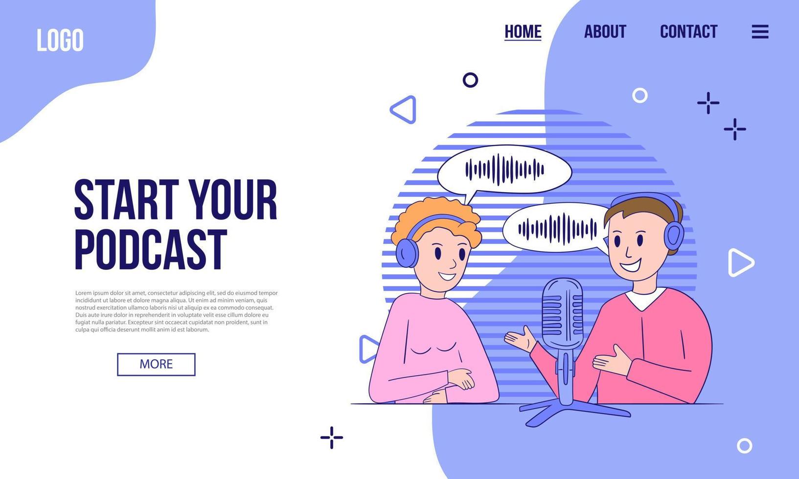 Podcast- oder Audio-Content-Webbanner oder Landing-Page-Vorlage. flache vektorillustration mit zwei podcast-hosts, abstrakte geometrische formen vektor