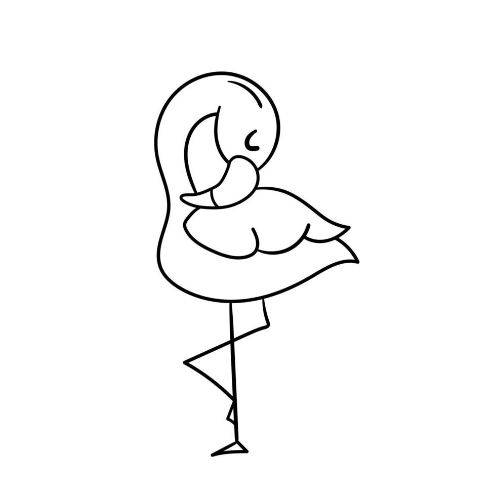 süßer Cartoon-Flamingo, der auf einem Bein steht. ein lustiger Flamingo, der schläft und sich entspannt. Vektor-Illustration. handgezeichneter einfacher Stil für Malbuch vektor