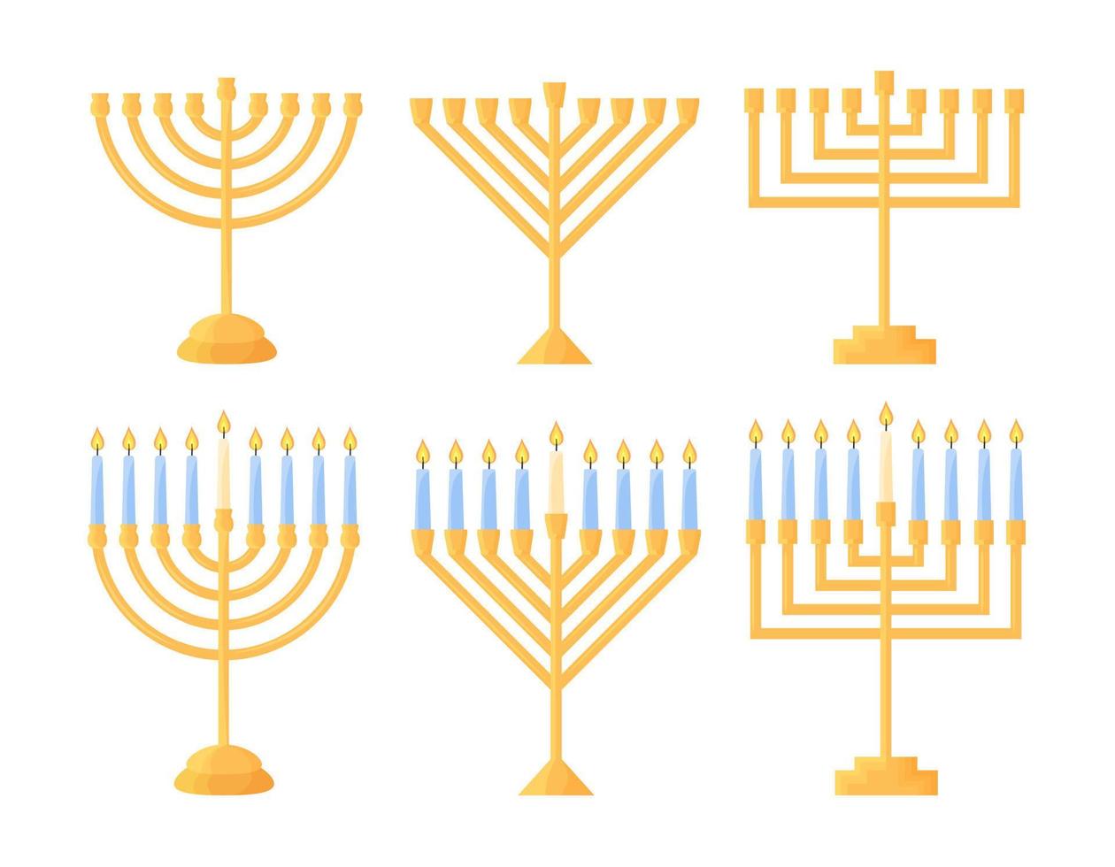 Chanukka-Menora isoliert. Vektorsatz des traditionellen jüdischen Feiertagssymbols. Sammlung von Chanukkiahs in verschiedenen Formen. goldene Halter leer und mit neun brennenden Kerzen. flache vektorillustration vektor