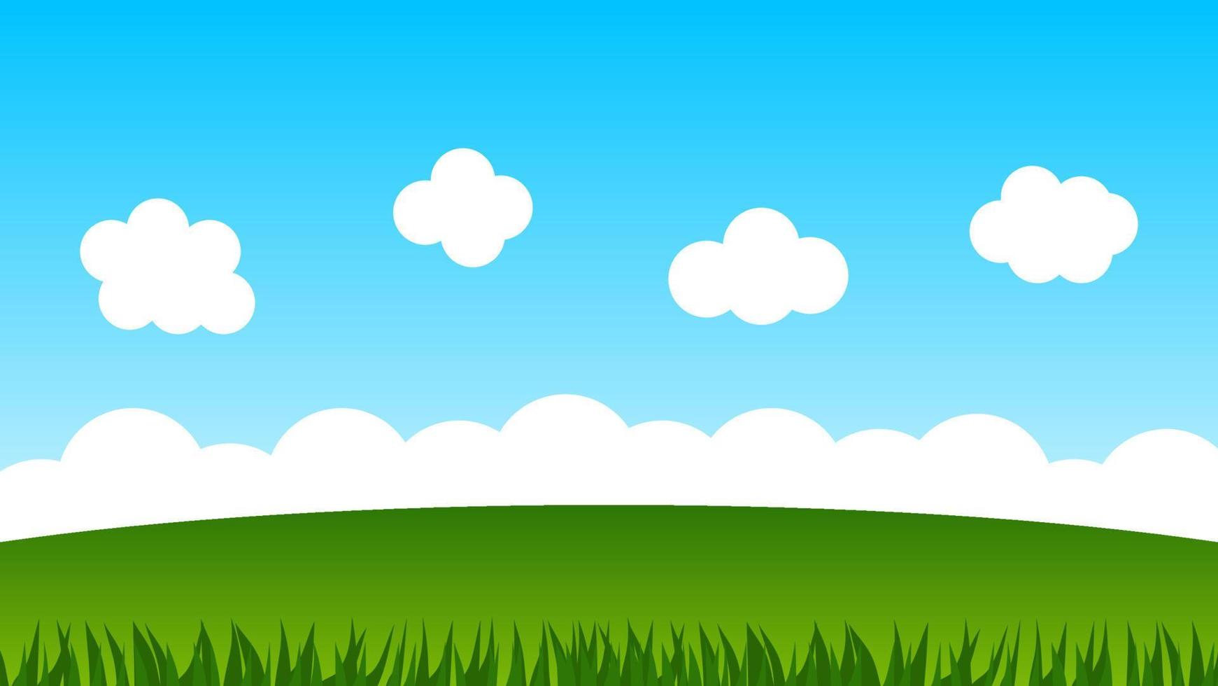 landskap tecknad scen med gröna kullar och vita moln i sommar blå himmel bakgrund vektor
