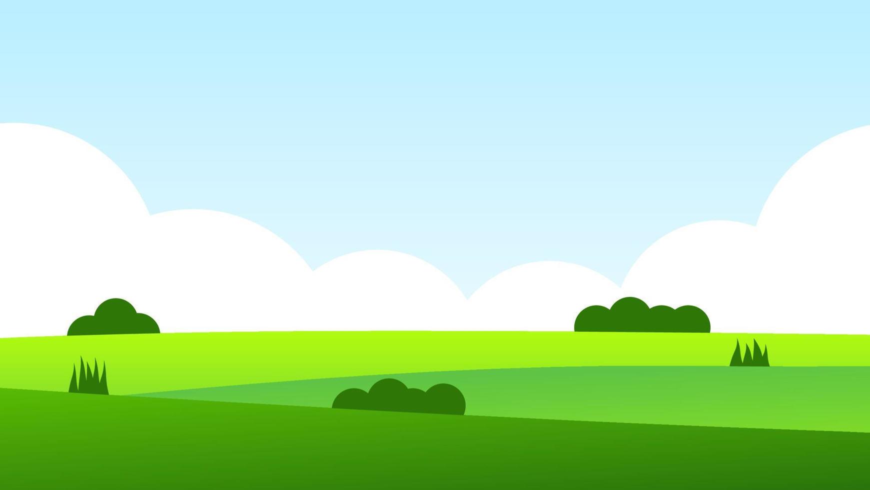 Landschaftskarikaturszene mit grünen Hügeln und weißer Wolke im Sommerhintergrund des blauen Himmels vektor