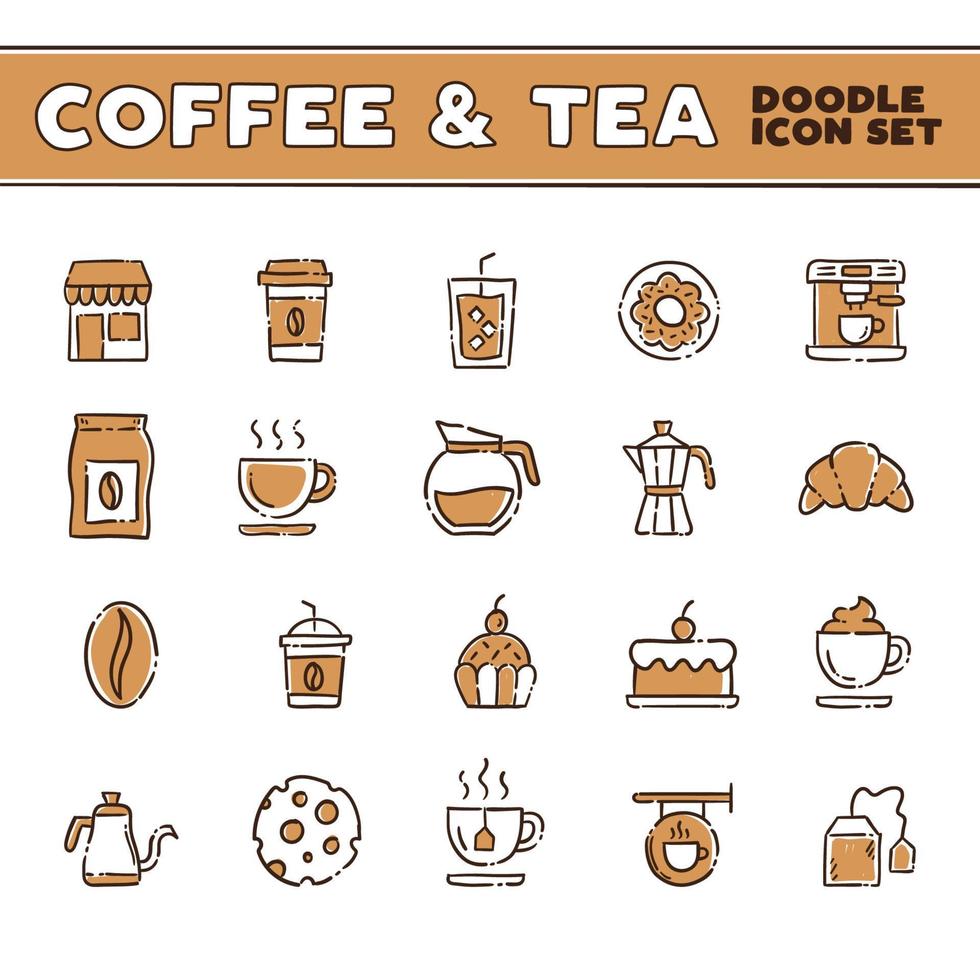 kaffe och te klotter ikoner. Kafé affär hand dragen illustrationer. vektor